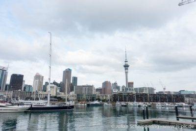 Boote und der Skytower in Auckland
