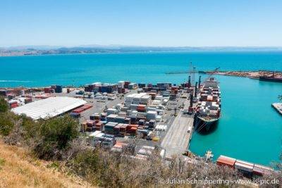 Frachtschiff und viele Container im Hafen von Napier