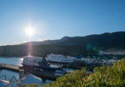 Blick auf den Hafen in Picton mit Interislander und Bluebridge Fähre im Hafen
