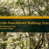 Wegweiser zum Devils Punchbowl Walking Track der zum Wasserfall zeigt